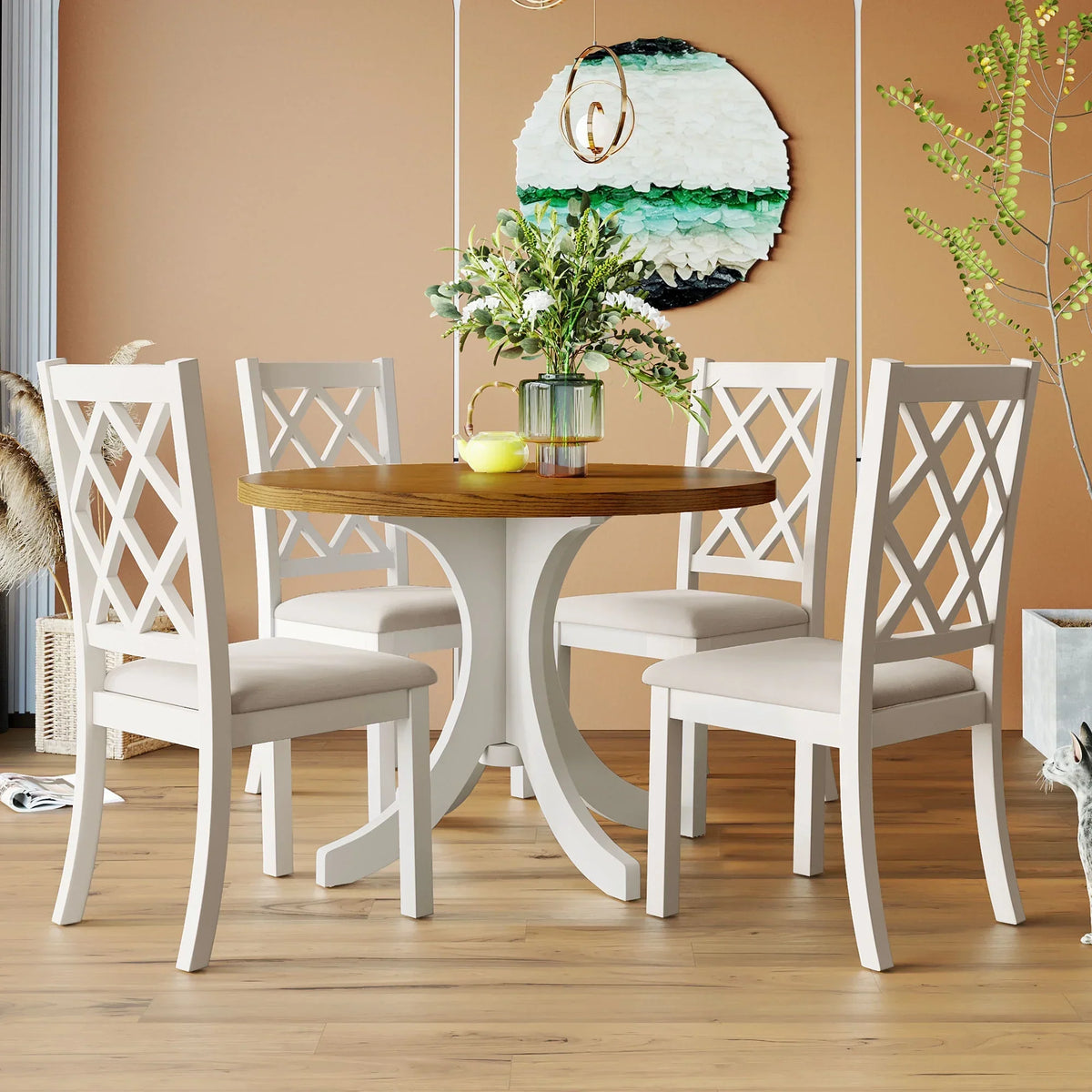 Llinc Store 5-Piece Round Dining Table Set For 4 With Upholstered Chairs, Walnut Table/Beige Chairs