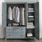 Solid Pine Wood Armoire, 3 Doors, 2 Drawers, 5 Shelves, 73.75 in H x 59.5 in W x 21.5 in D