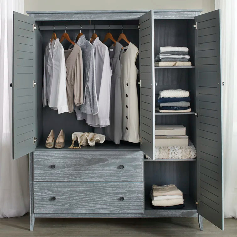 Solid Pine Wood Armoire, 3 Doors, 2 Drawers, 5 Shelves, 73.75 in H x 59.5 in W x 21.5 in D