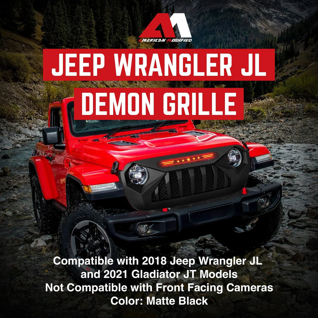 AMERICAN MODIFIED Demon Grille With Red Lights For 18-21 Wrangler/Gladiator