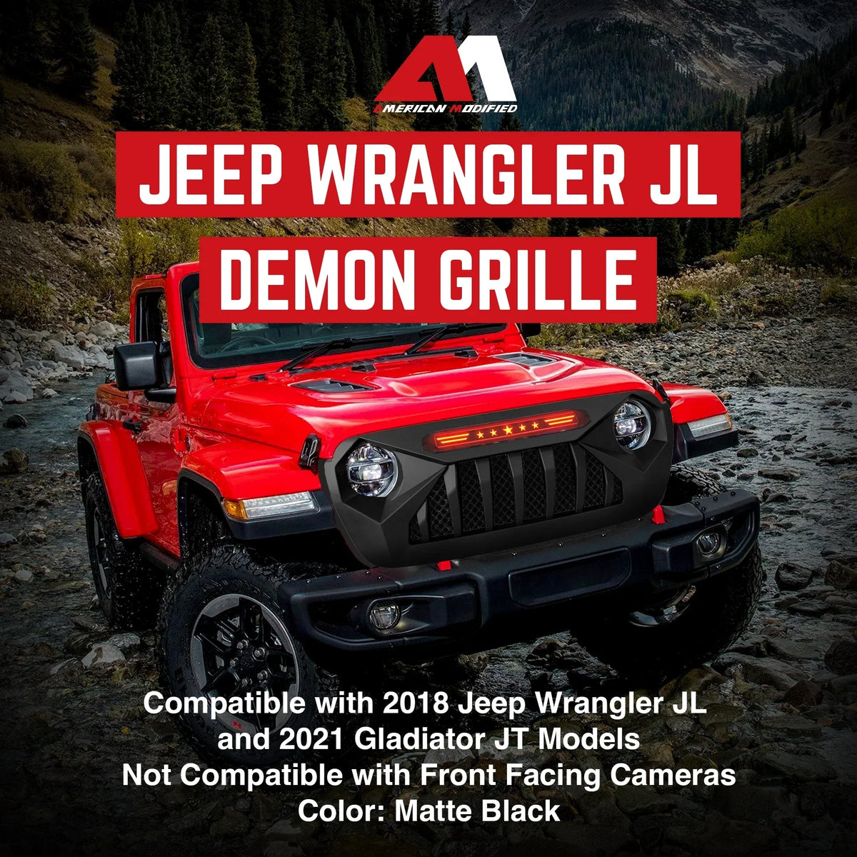 AMERICAN MODIFIED Demon Grille With Red Lights For 18-21 Wrangler/Gladiator