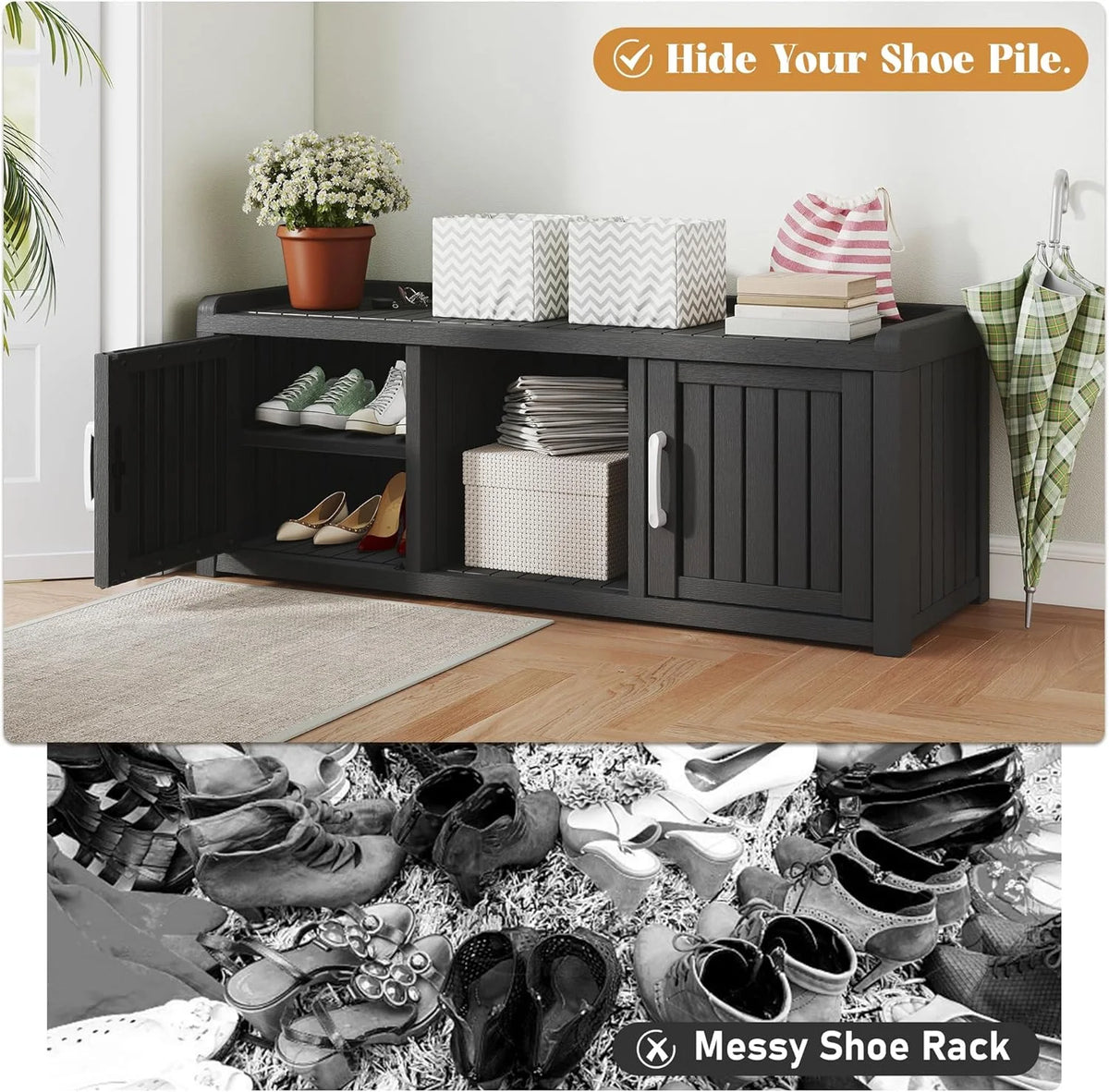 KAMABOKO Outdoor Shoe Storage Cabinet, Black, 2 Doors