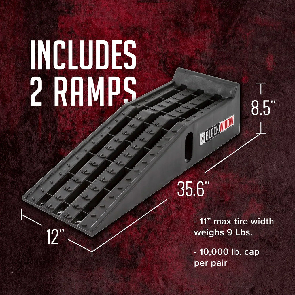 Black Widow Plastic Car Service Ramps, 6.25in Lift, 12in W, Pack Of 2, 10,000 lbs Capacity Per Pair - PSR295