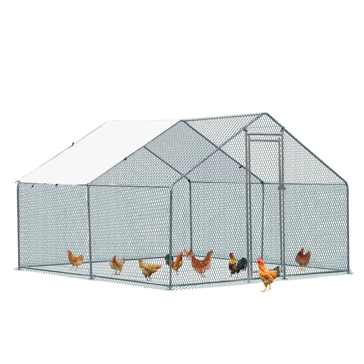 10 x 10 ft Metal Chicken Coop Walk-In Poultry Cage With Waterproof Cover