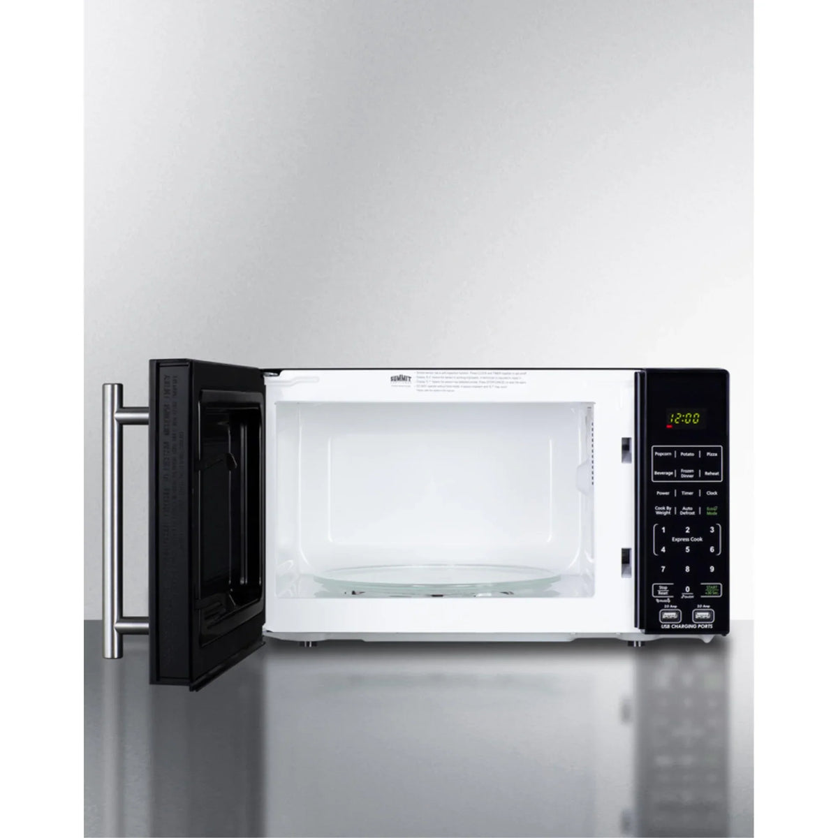 Compact Countertop Microwave, Black With 2 USB Ports And Built-In Power Allocator