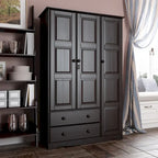 3-Door Solid Wood Wardrobe Armoire With 2 Drawers - 72in H x 45.8in W x 20.75in D