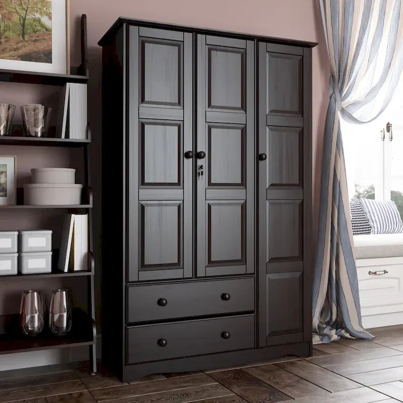 3-Door Solid Wood Wardrobe Armoire With 2 Drawers - 72in H x 45.8in W x 20.75in D