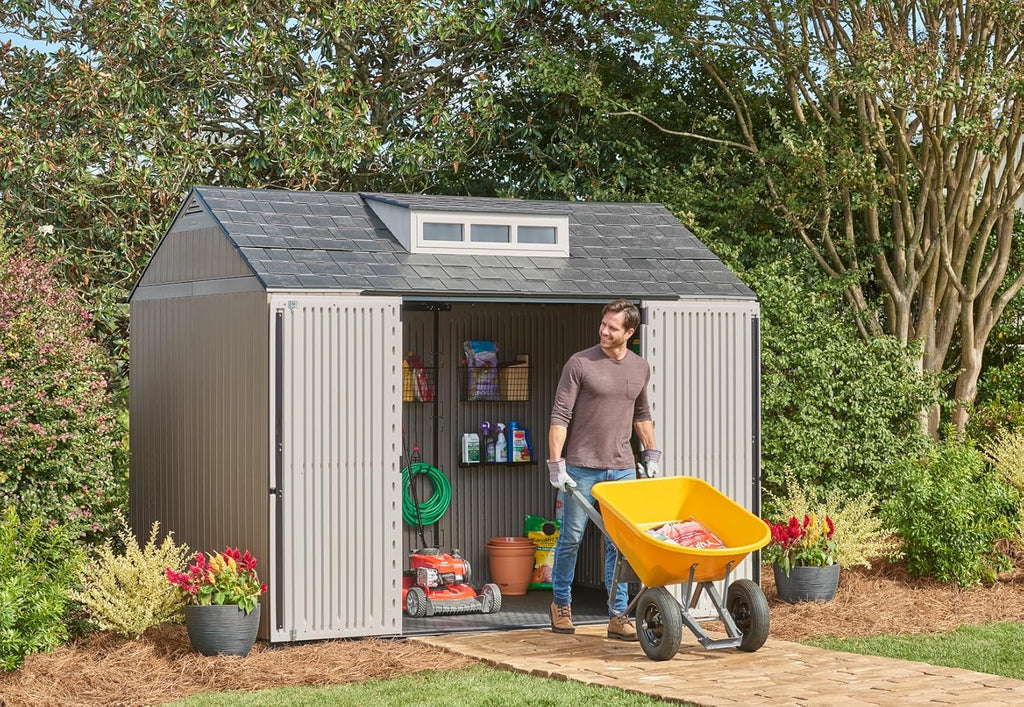 Rubbermaid Resin Outdoor Storage Shed With Floor, 7x7 ft, Gray