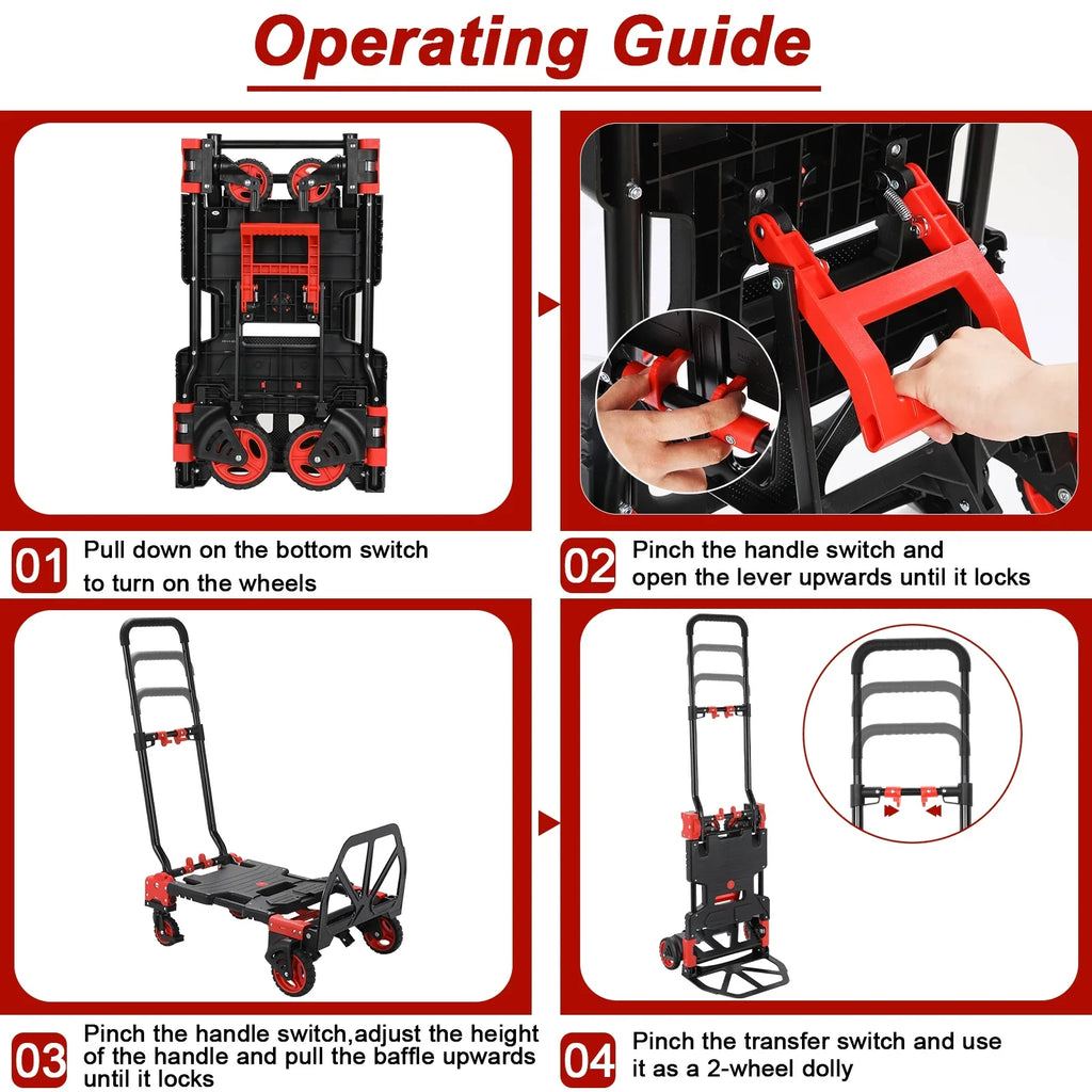 LAZY BUDDY 2-in-1 Folding Hand Truck Dolly With 22 Inch Folding Basket, Red, 330 LBS