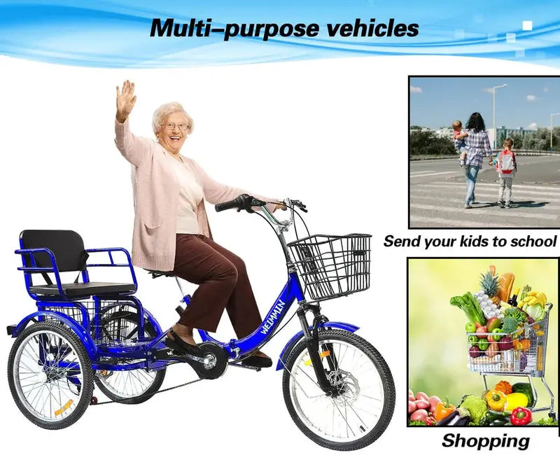 WEIMMIN Adult Folding Tricycle, 7-Speed, 20-Inch Wheels, Star-Striped Blue Frame