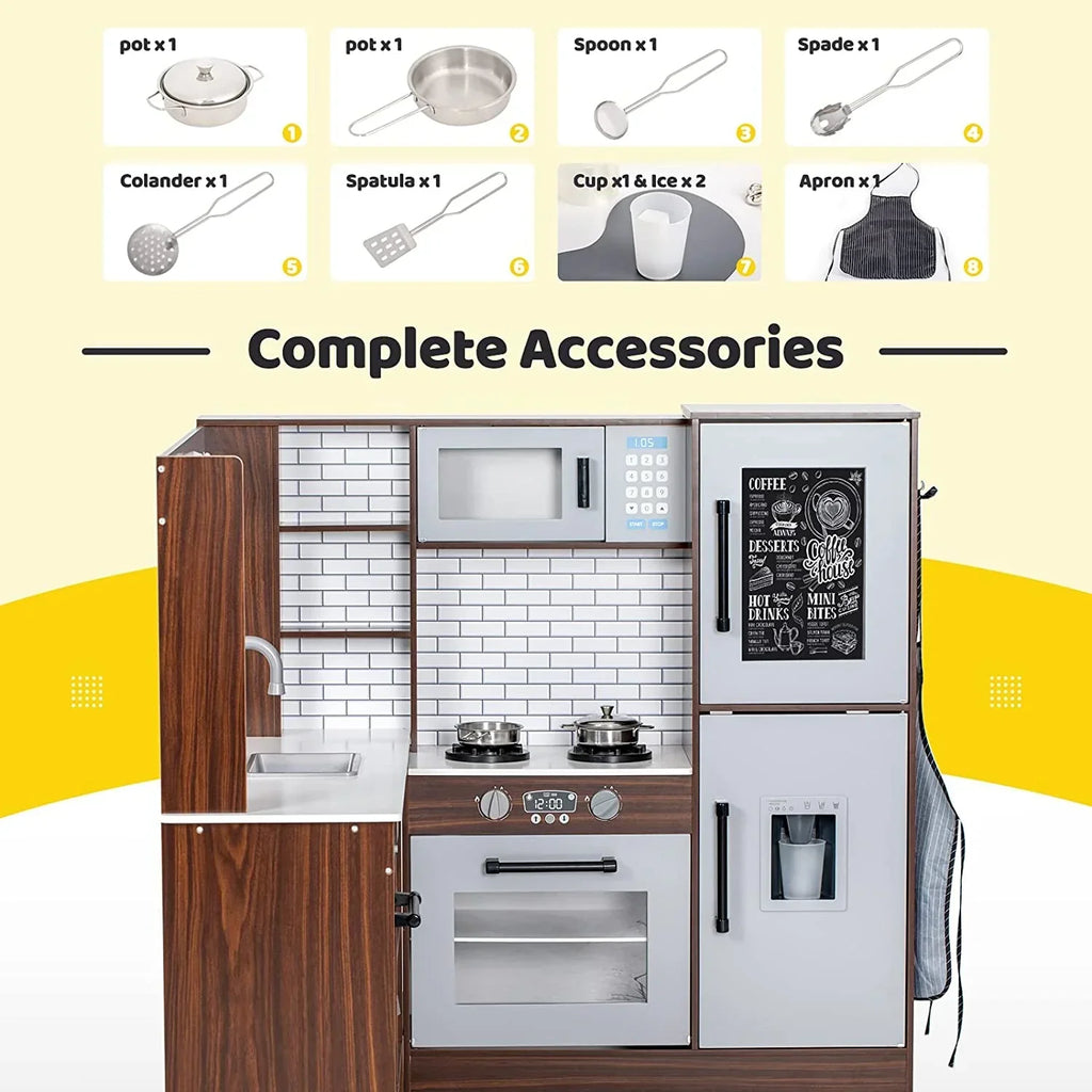 BRINJOY Corner Wooden Kids Play Kitchen With Faucet, Sink, Microwave, Oven, Apron, Blackboard, Sound And Light