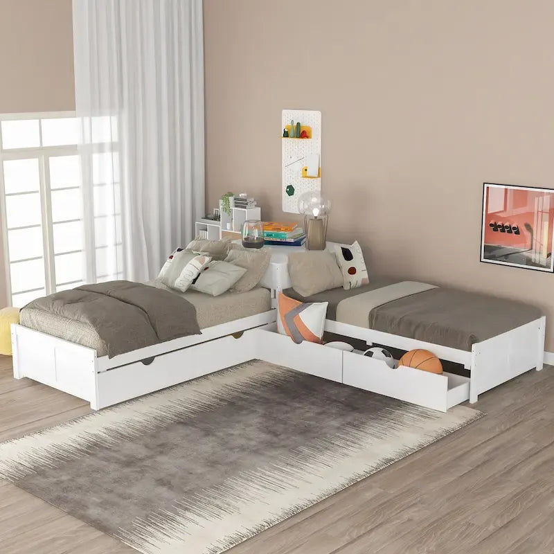 White Twin Size L-Shaped Platform Bed With Trundle And 2 Drawers