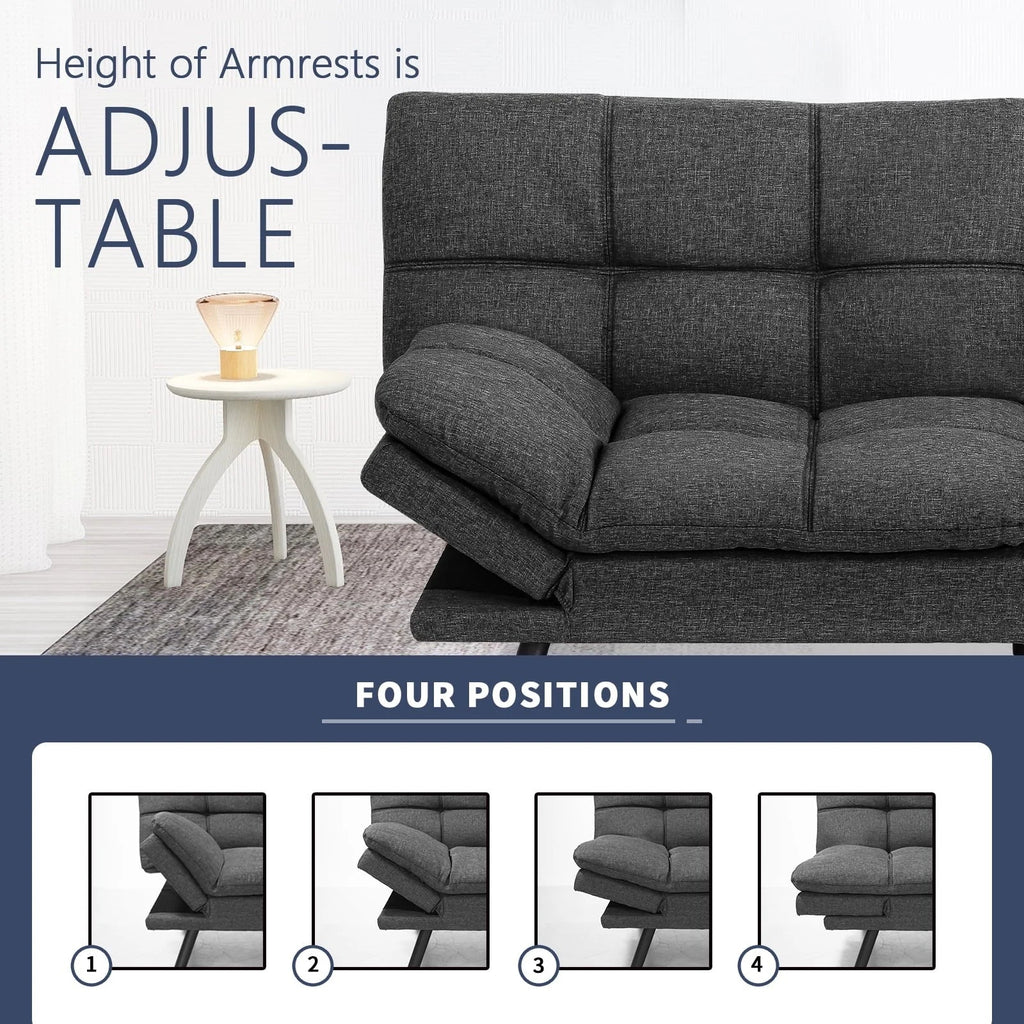 Memory Foam Futon Sofa Bed With Adjustable Armrests And Backrest - Gray