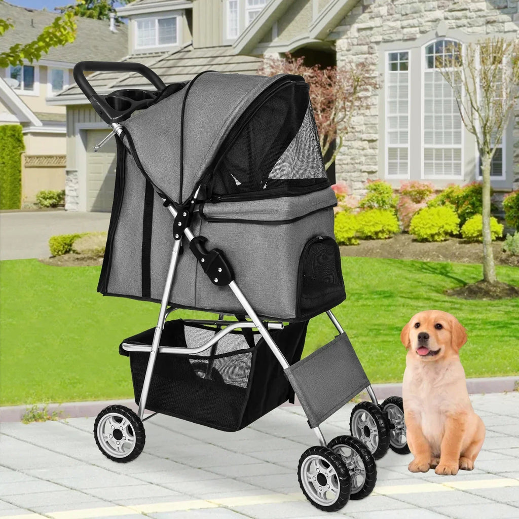 NiamVelo 4-Wheel Foldable Pet Stroller With Cup Holders And Storage Basket - 30 LBS Capacity