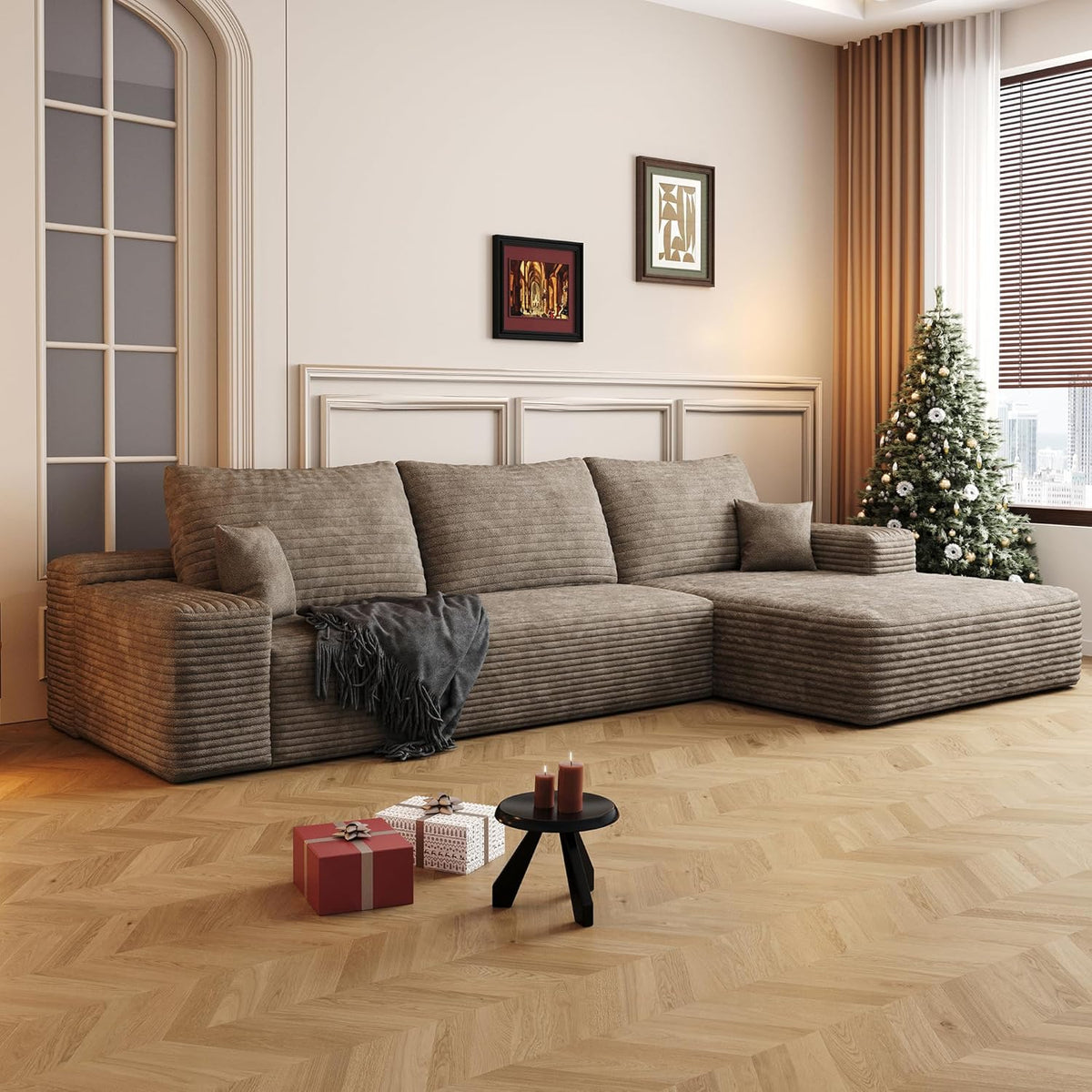 Oversized 135in 3-Piece Corduroy Upholstered Sectional Sofa With Deep Seat - Full Foam