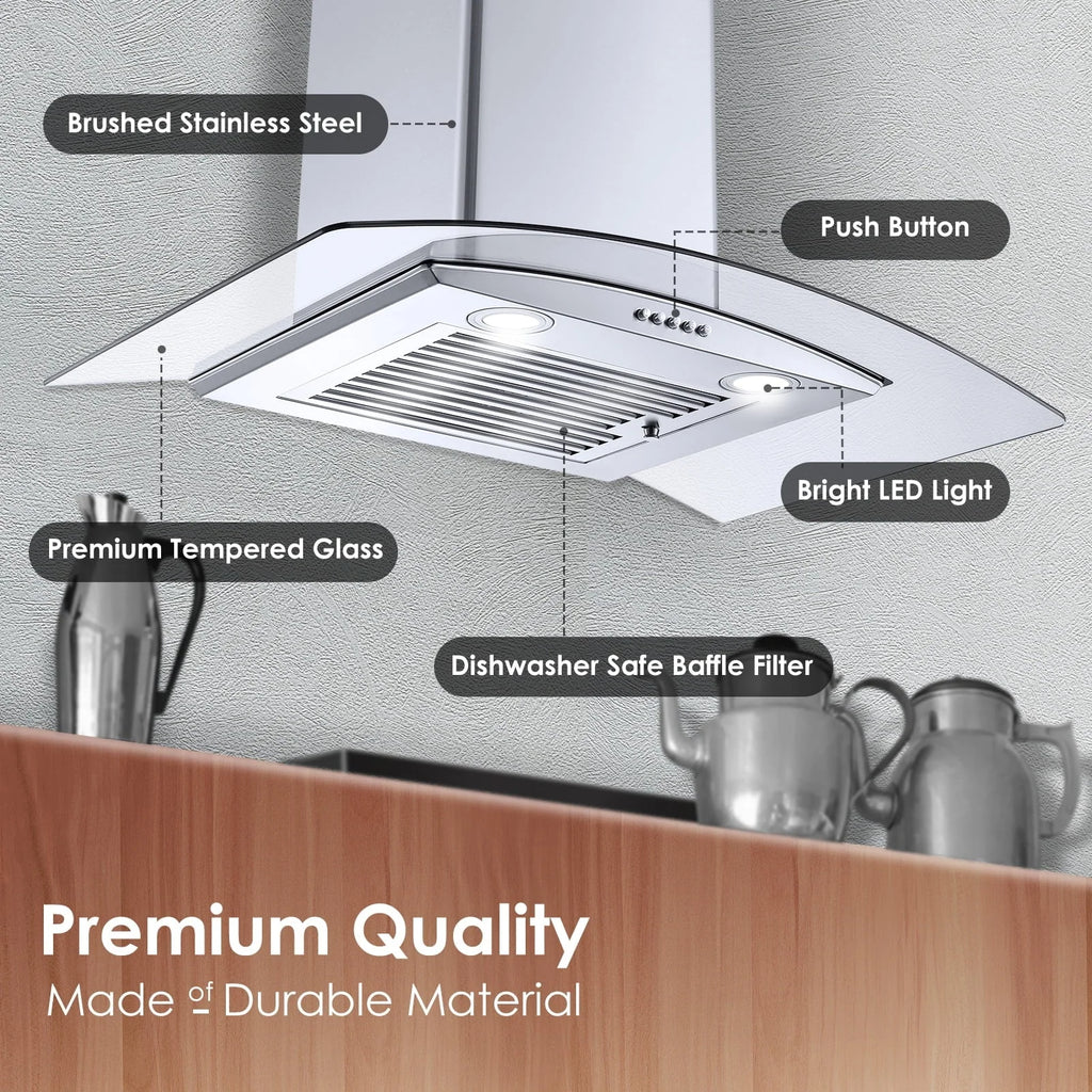 Wall Mount Range Hood 30 inch Convertible Tempered Glass 3-Speed 450 CFM - 3375B