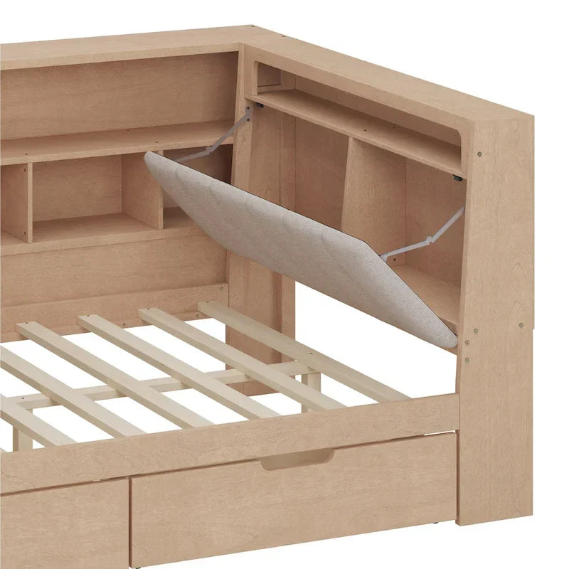 Ivery Furniture L-Shaped Wooden Twin/Full Daybed With Desk, Bookcase, Drawers And RGB Light - Natural/White