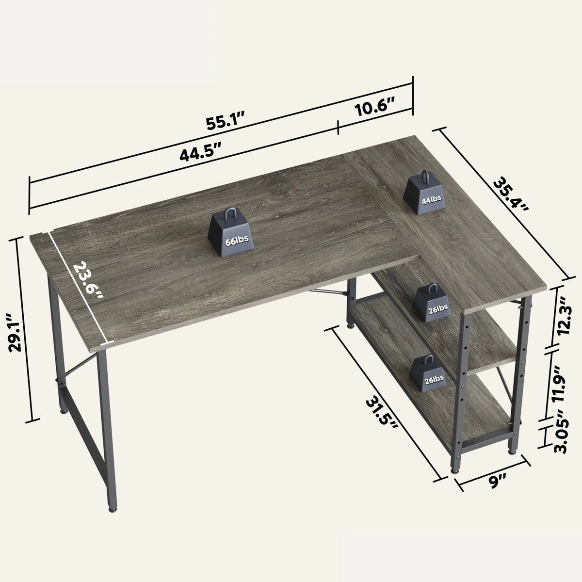 Small L-Shaped Computer Desk With Reversible Storage Shelves - 55-Inch / 47-Inch