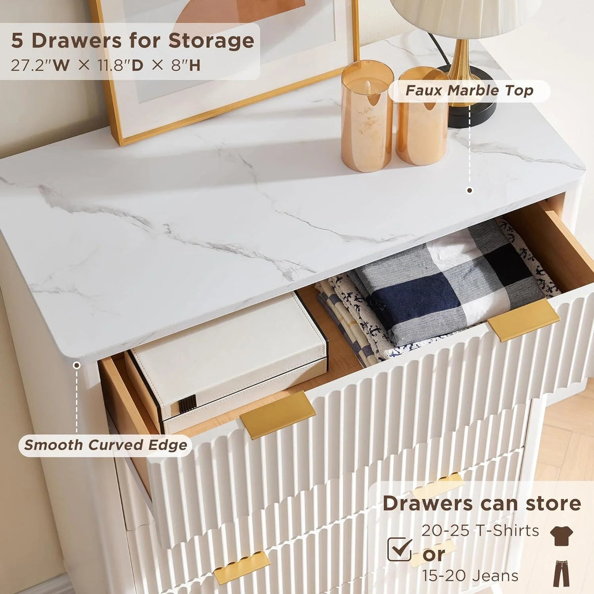 OKD 6-Drawer Dresser With Faux Marble Top, Natural Oak, 16in D x 54in W x 32in H