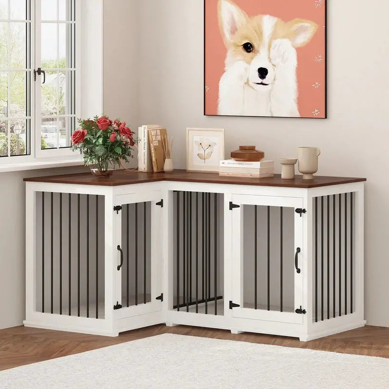 L-Shaped Corner Dog Crate Furniture For 2 Dogs, 58.7 x 41.1