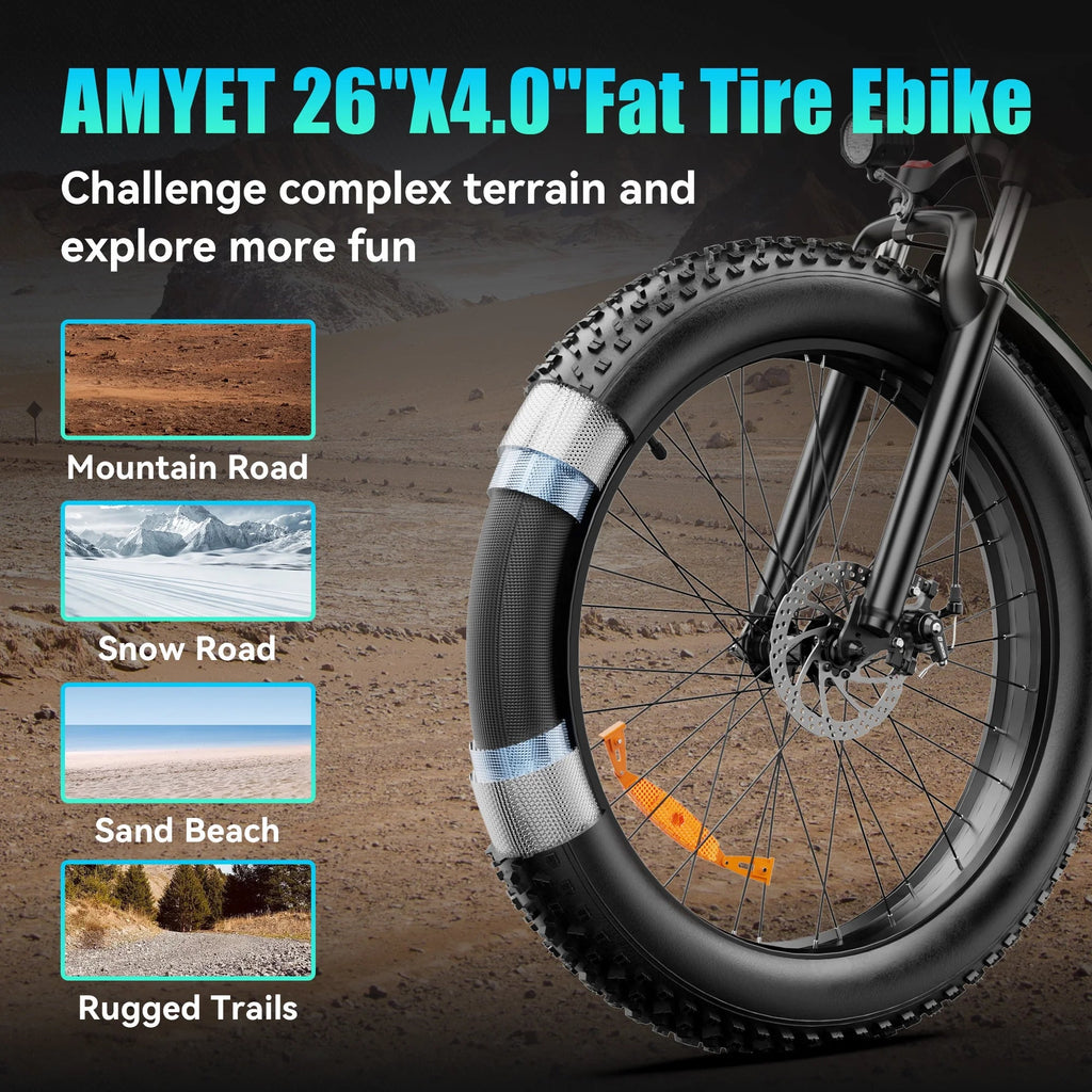 AMYET 26 x 4 Fat Tire Electric Mountain Bike, 48V 15Ah, 7-Speed - EB26