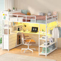 Twin Metal Loft Bed Frame With U-Shaped Desk, Storage Headboard, LED Lights, Power Outlet And 4 Drawers