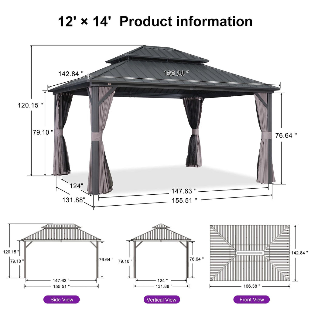 PURPLE LEAF Outdoor Hardtop Gazebo, 8' X 8', Galvanized Steel Double Roof, Aluminum Frame, Grey