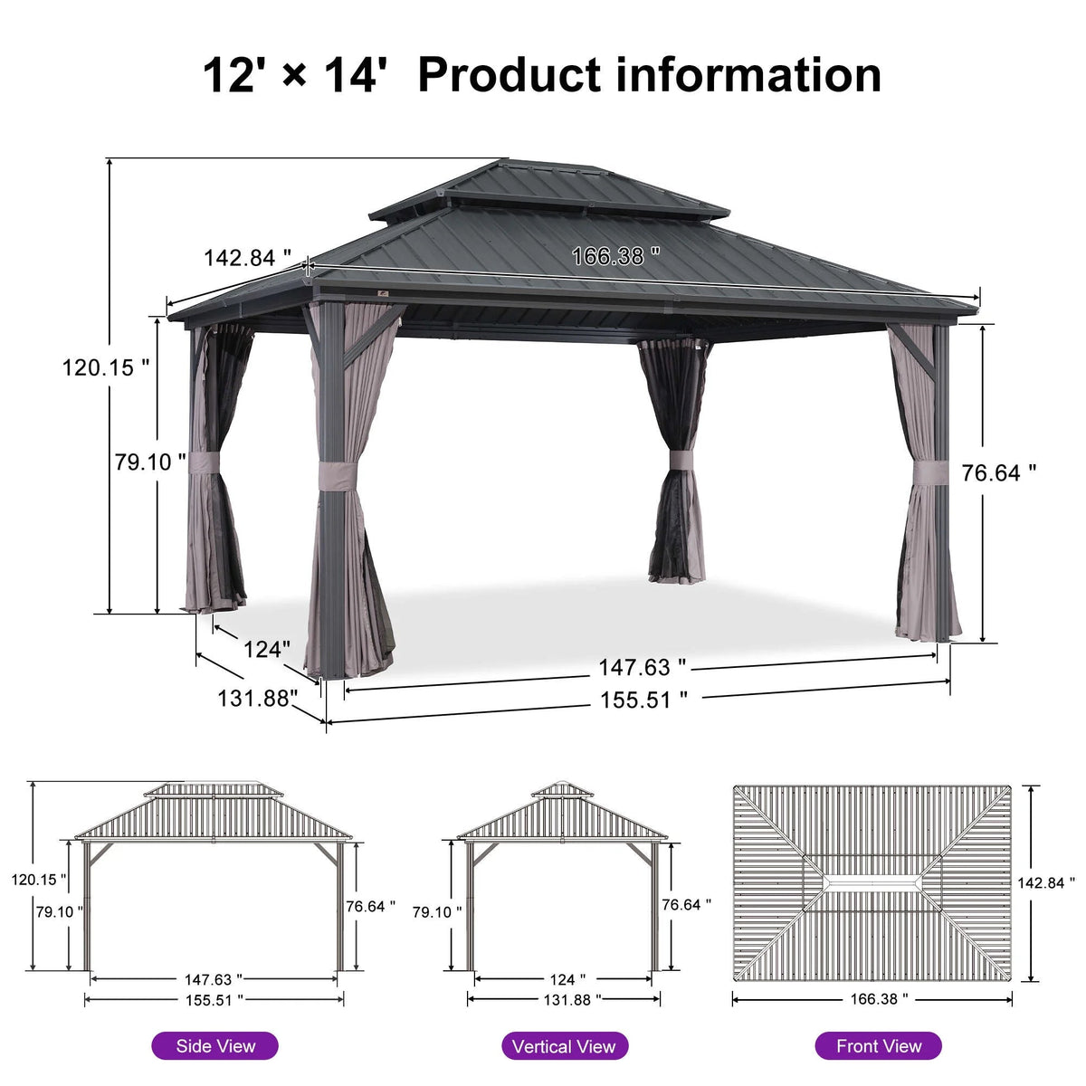 PURPLE LEAF Outdoor Hardtop Gazebo, 8' X 8', Galvanized Steel Double Roof, Aluminum Frame, Grey