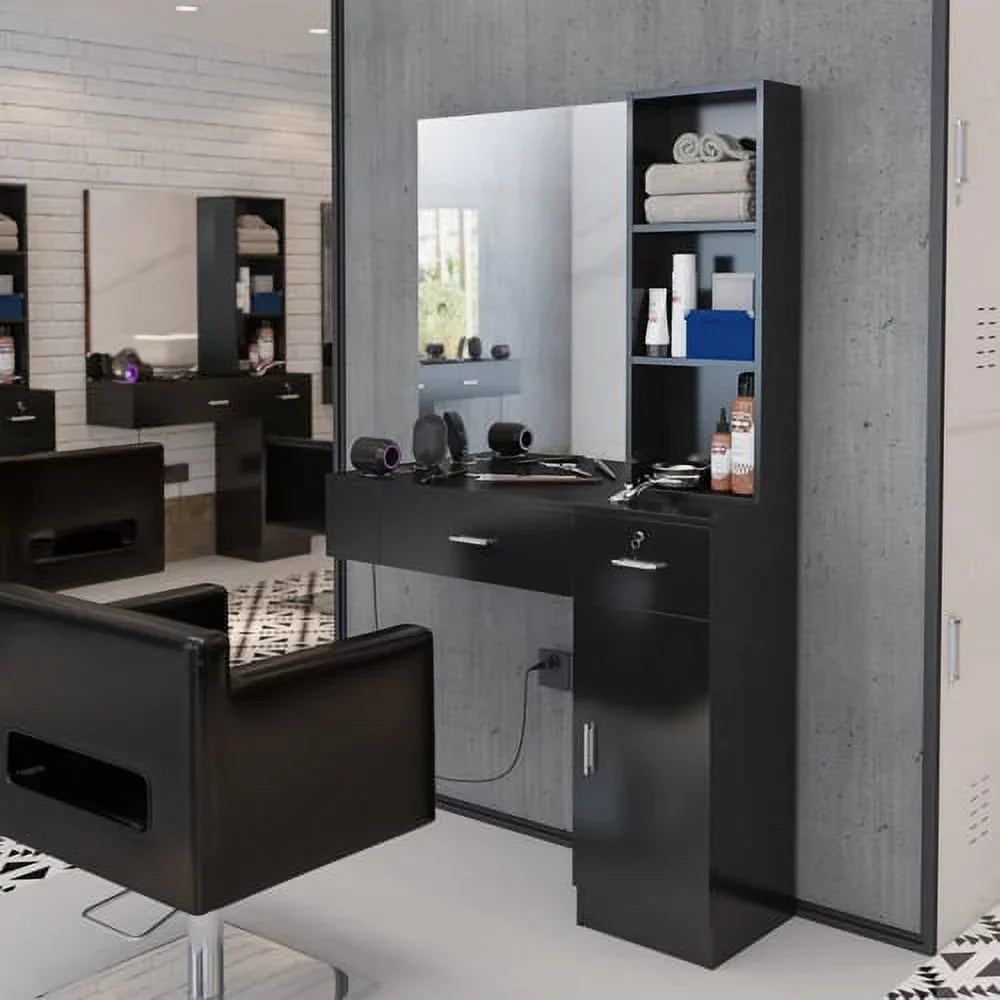 OmySalon Wall Mount Salon Station With Mirror, 1 Storage Cabinet, 2 Drawers And 3-Tier Shelf - Black