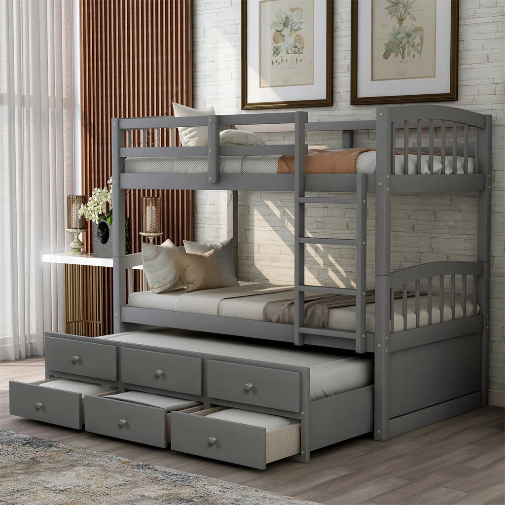 Twin-Over-Twin Bunk Bed With Trundle, Ladder, Safety Rail, 3 Drawers, Plywood, MDF and Pinewood - Gray