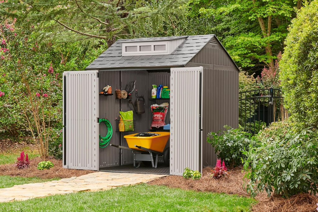 Rubbermaid Resin Outdoor Storage Shed With Floor, 7 x 7 Ft, Gray