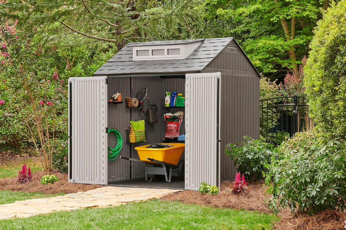 Rubbermaid Resin Outdoor Storage Shed With Floor, 7 x 7 Ft, Gray