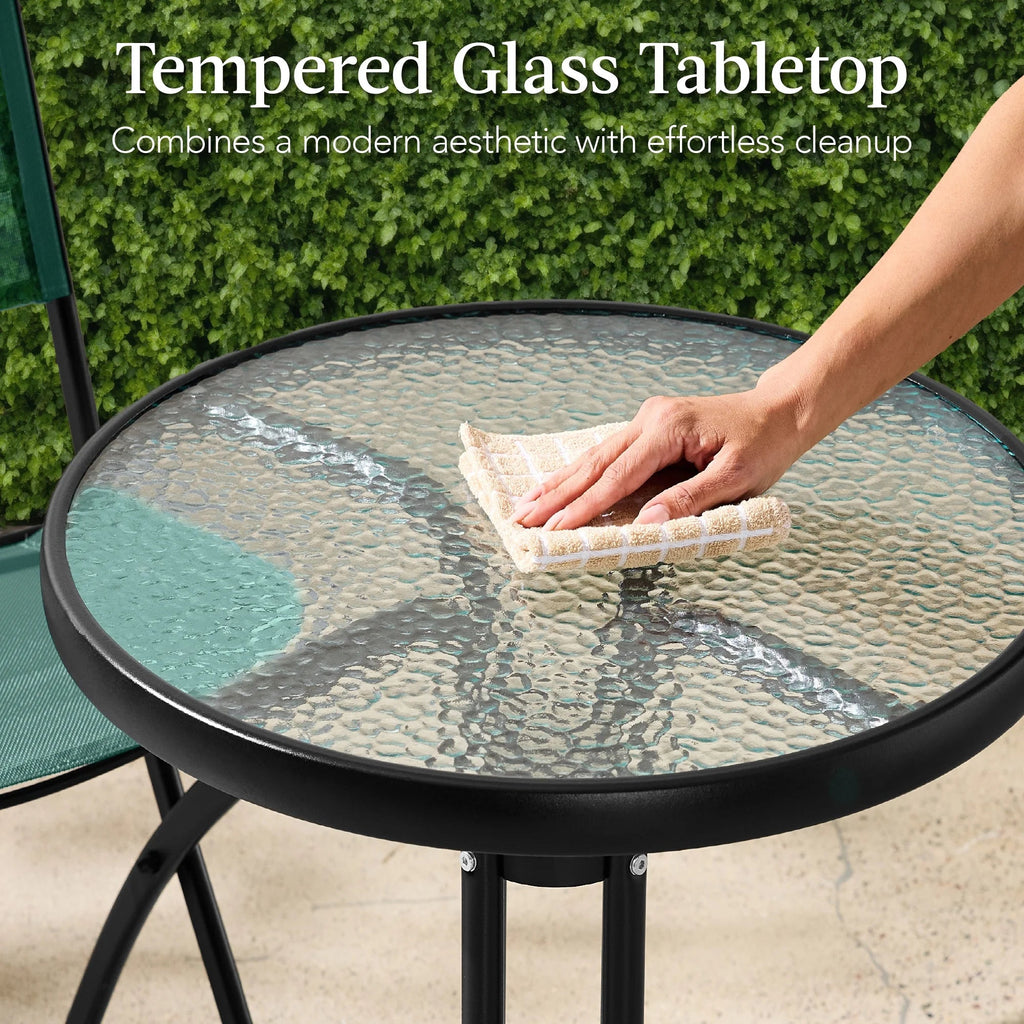 Best Choice Products 3-Piece Patio Bistro Dining Set With Glass Tabletop And Folding Chairs - Gray