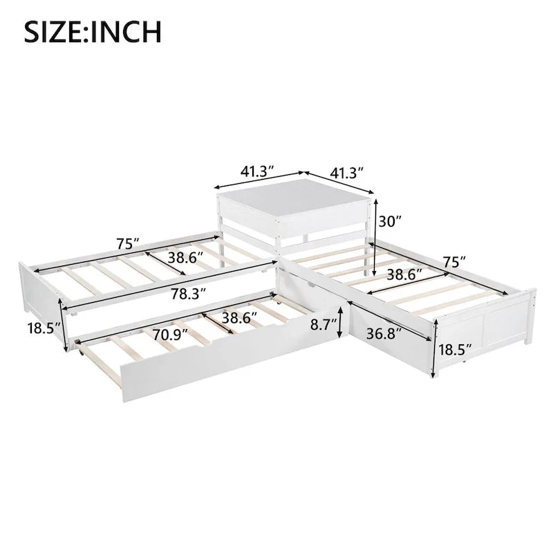 White Twin Size L-Shaped Platform Bed With Trundle And 2 Drawers