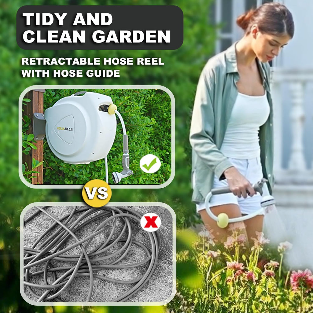 AQUAZILLA Retractable Garden Hose Reel, 5/8 in x 100+6 ft, Wall Mounted, White - 10 Pattern Spray Nozzle