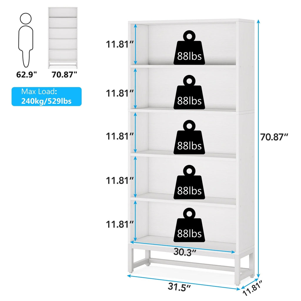 5-Tier Bookcase 31.5 Inch Wide x 11.81 Inch Deep x 70.87 Inch Tall - Sandalwood, Walnut, White, Black