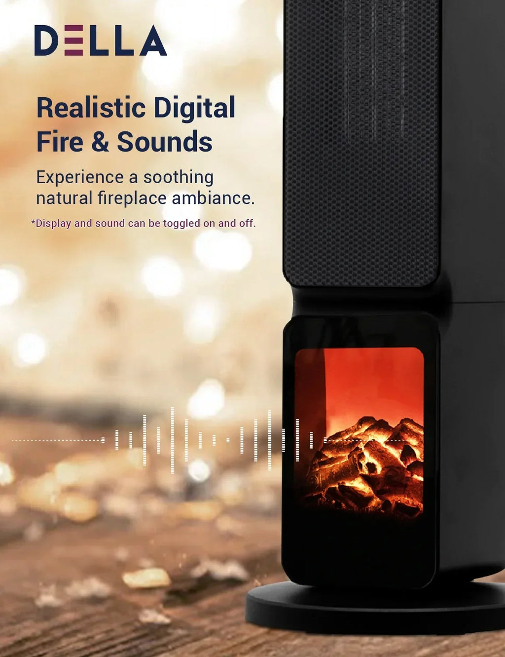 DELLA 26 in 1500W PTC Ceramic Tower Space Heater With 3D Flame, Black