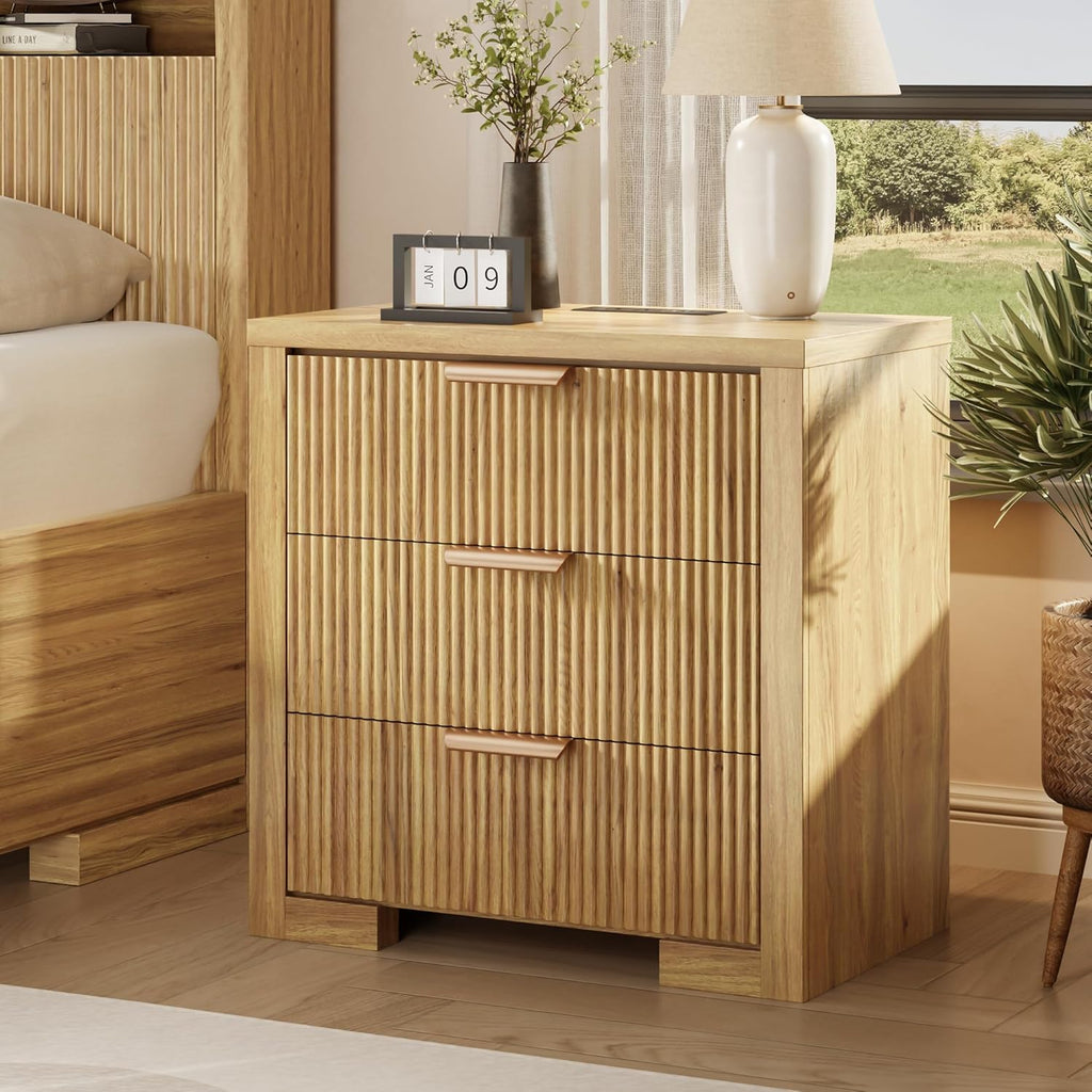 Fluted Nightstand Set Of 2 With Charging Station, 23.6 in, 3 Drawers, Natural Oak