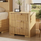 Fluted Nightstand Set Of 2 With Charging Station, 23.6 in, 3 Drawers, Natural Oak