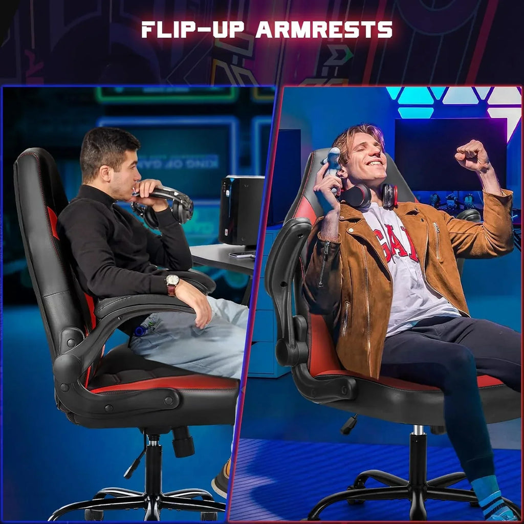 Ergonomic Computer Gaming Chair With PU Leather, Lumbar Support, And Flip-Up Armrests