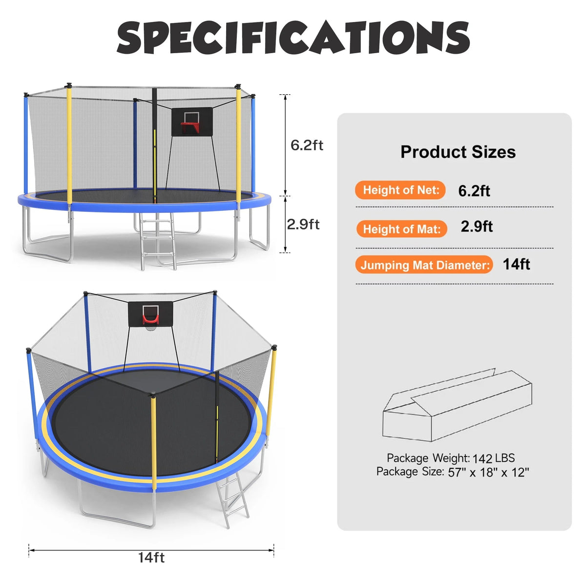 SHINPT 14ft Outdoor Trampoline With Safety Net, Basketball Hoop And Ladder