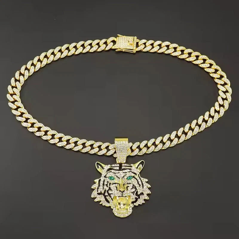 Tiger Head Pendant Necklace With Green Eyes, 13mm Cuban Link Chain, 20in - Gold Or Silvery