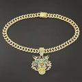 Tiger Head Pendant Necklace With Green Eyes, 13mm Cuban Link Chain, 20in - Gold Or Silvery
