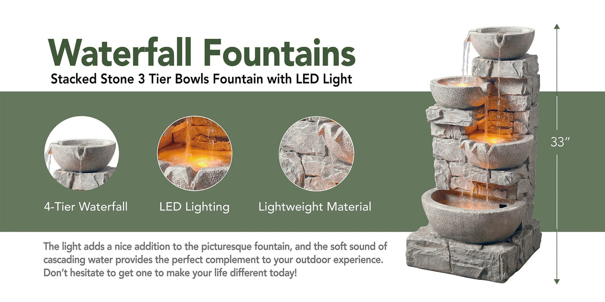 Teamson Home Outdoor Stacked Stone Tiered Water Fountain With LED Lights, Gray - 33.25in