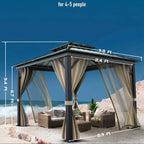 10x10 Hardtop Gazebo With Double Metal Roof, Aluminum Frame, Net And Curtain - Khaki