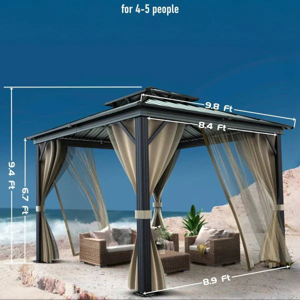 10x10 Hardtop Gazebo With Double Metal Roof, Aluminum Frame, Net And Curtain - Khaki