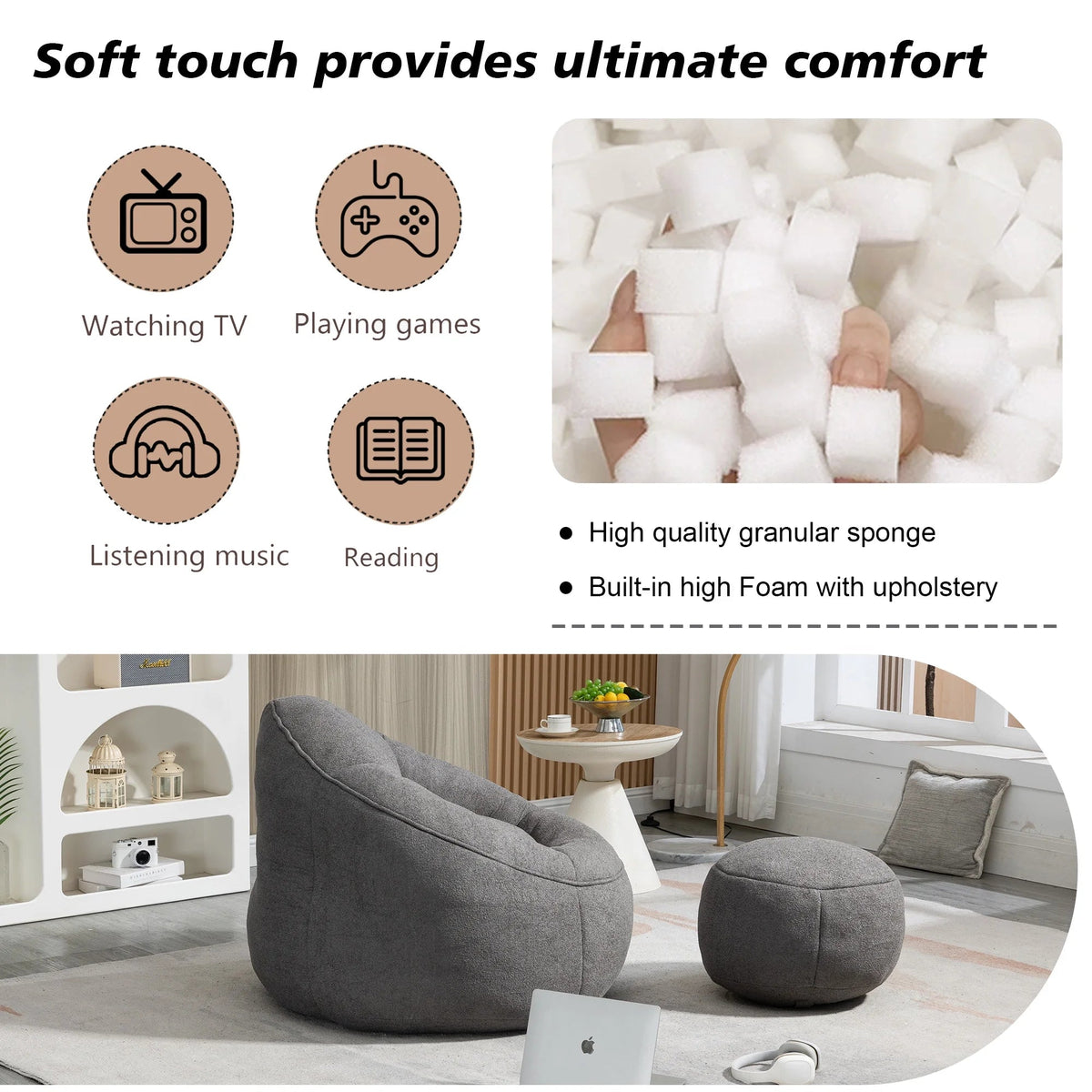MOONMISS Microfiber Upholstered Round Bean Bag Sofa Chair With Ottoman - Gray