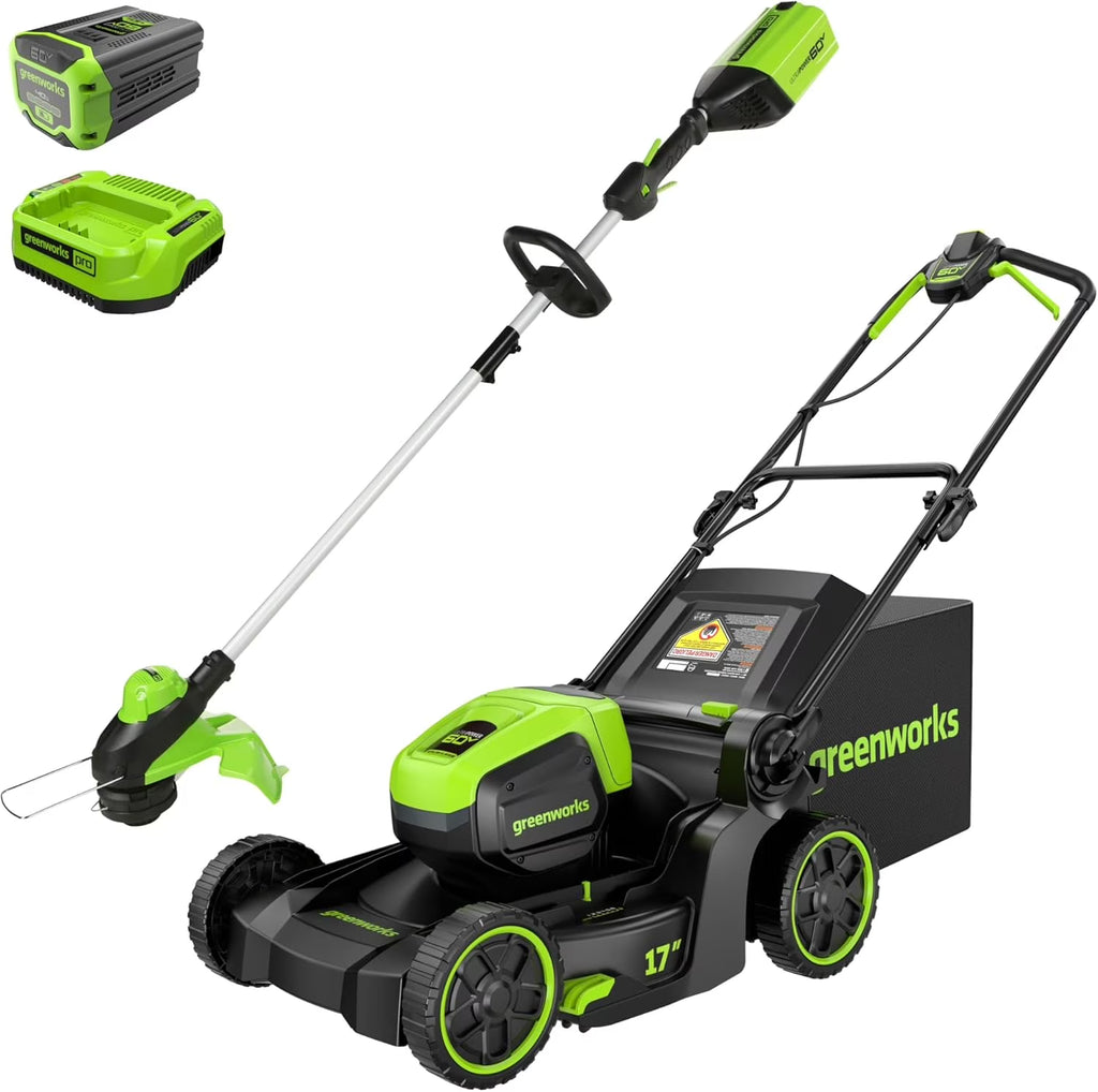 Greenworks 60V 17 inch Brushless Push Lawn Mower And 13 inch String Trimmer Combo With 4.0Ah Battery And 3A Charger