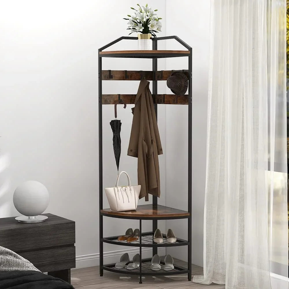 HBROLJF Corner Hall Tree With Shoe Bench, 10 Metal Movable Hooks, Rustic Brown - 71.3 x 18.1 x 18.1 in