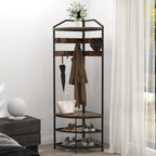 HBROLJF Corner Hall Tree With Shoe Bench, 10 Metal Movable Hooks, Rustic Brown - 71.3 x 18.1 x 18.1 in